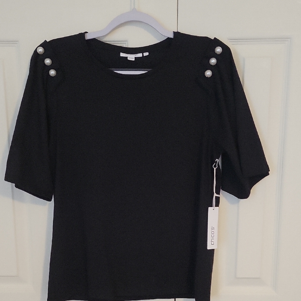NWT's Chico's Pearl Pleated Black Short Sleeve Top with Pearl Button Details